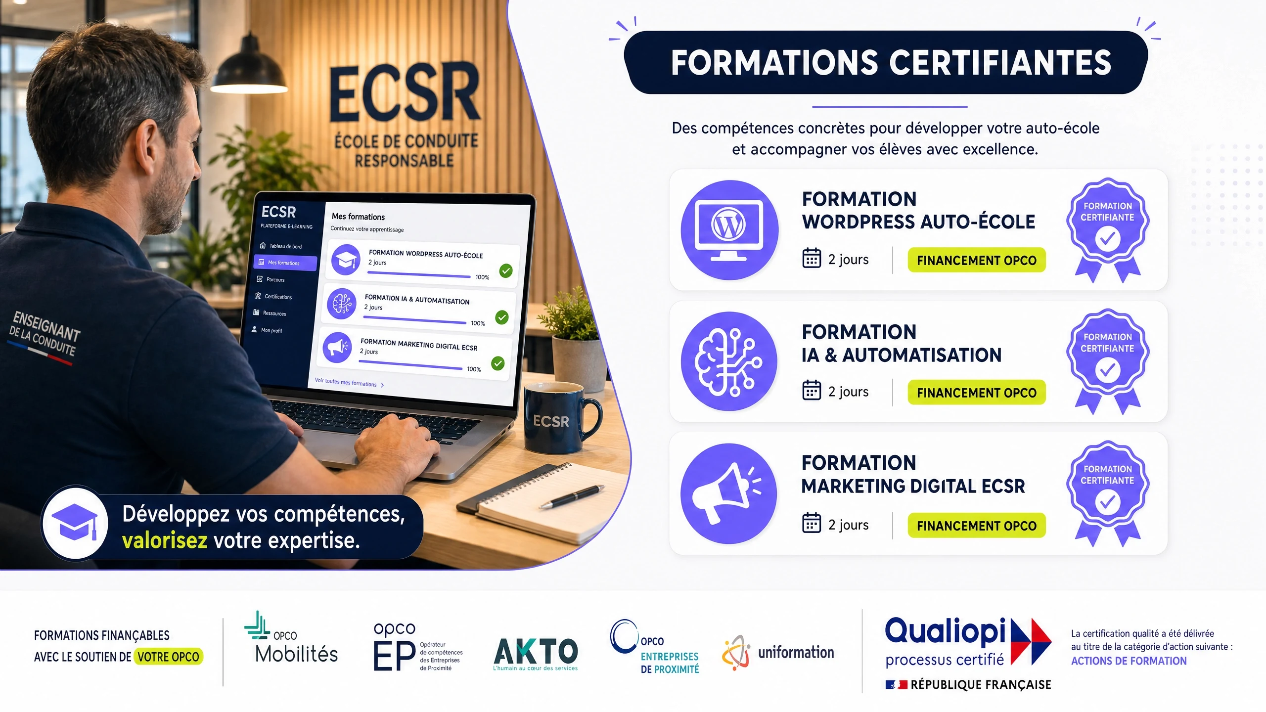 Formations professionnelles ECSR Drive Web Solutions pour auto-école - e-learning, certifications Qualiopi et financement OPCO et CPF