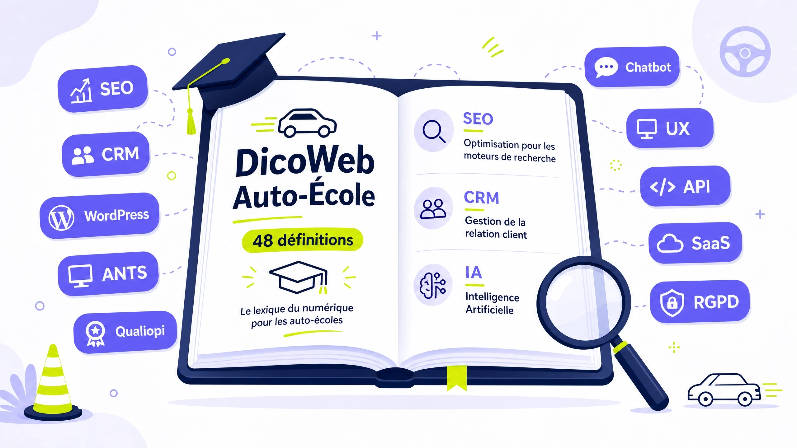 DicoWeb Drive Web Solutions - illustration du glossaire de la digitalisation des auto-écoles : tous les termes du web, de l'IA et du marketing expliqués