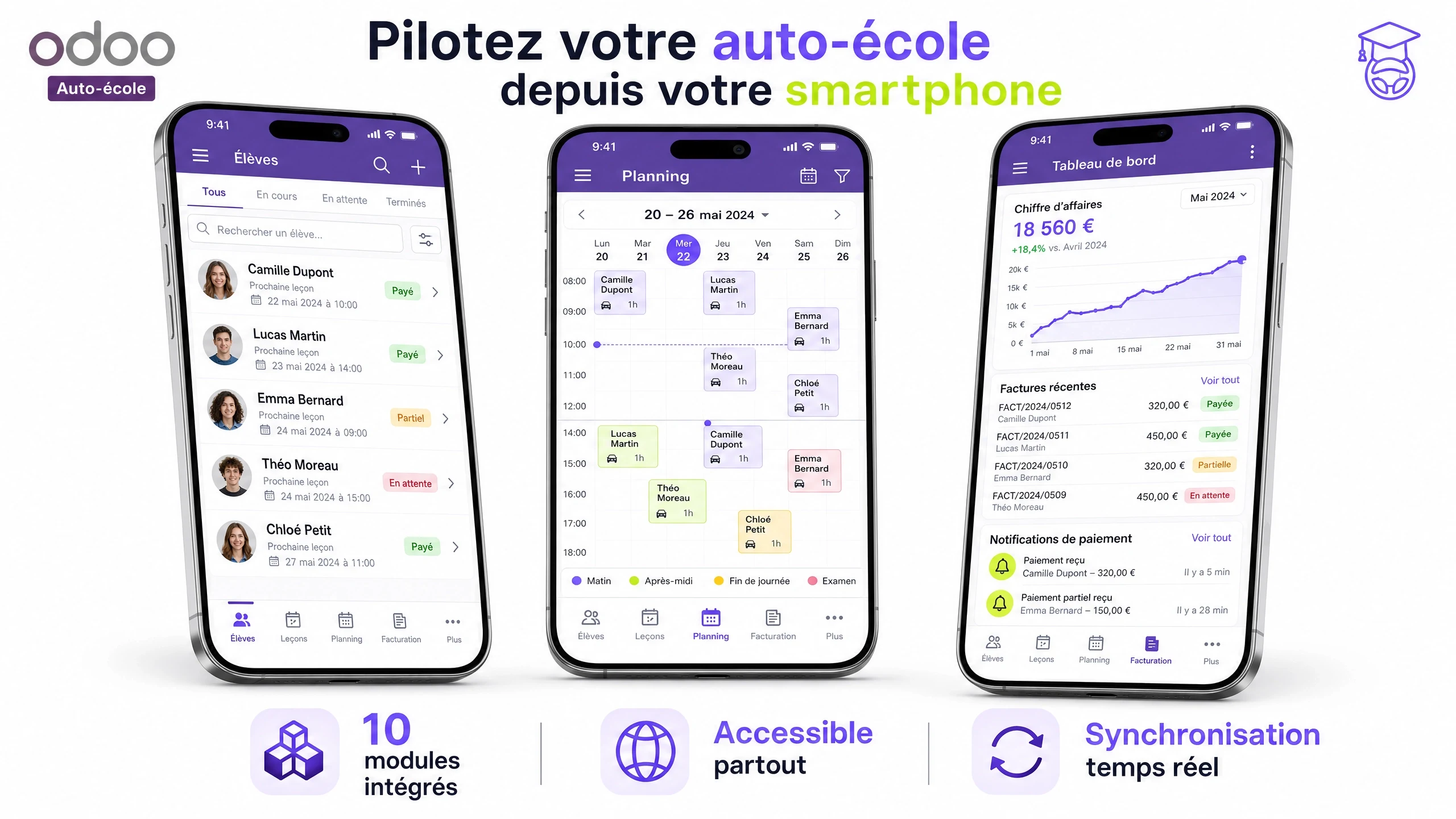 Application mobile Odoo pour auto-école : tableau de bord, planning et gestion des élèves accessibles sur smartphone